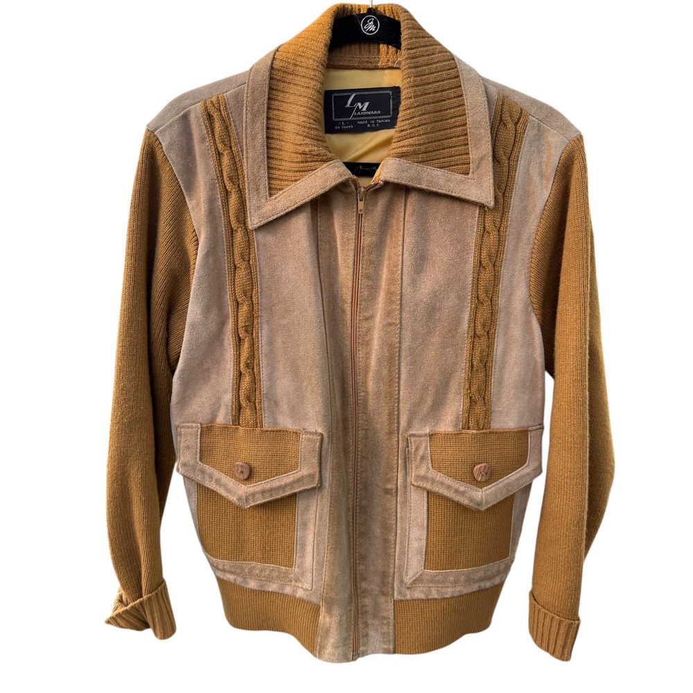 Vintage Landmark Women's Suede‎ Knit Bomber Jacket Size L Tan Brown Retro